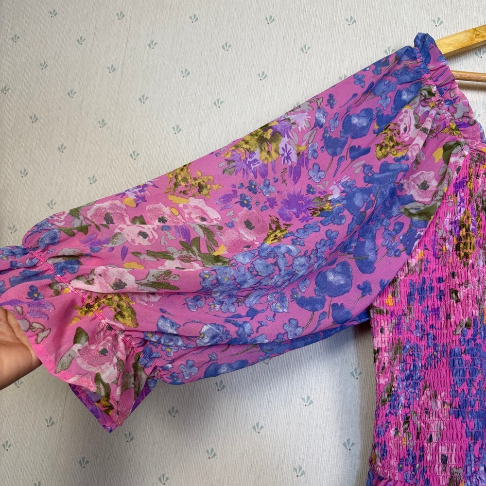 Ivy City Co Rowan Midi Dress 1X Pink Floral Smocked Tiered Cottagecore Vacation - Picture 5 of 12